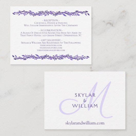 Paarse Woodsy Wedding Ultra Violet Details Informatiekaartje (Voorkant / Achterkant)