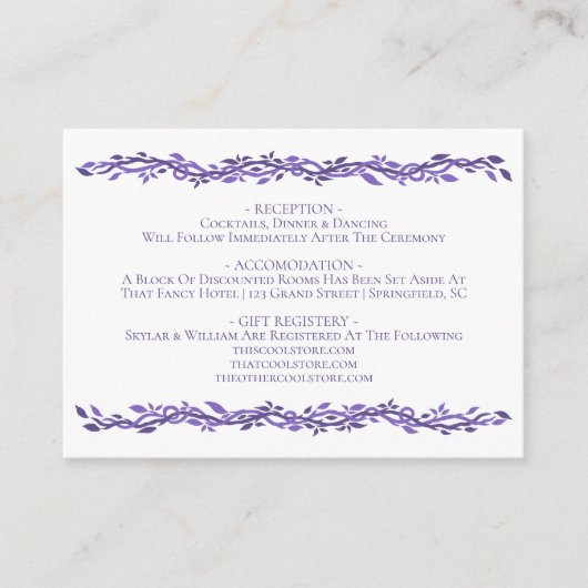 Paarse Woodsy Wedding Ultra Violet Details Informatiekaartje (Voorkant)