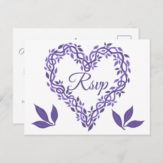 Paarse Woodsy Wedding Ultra Violet RSVP Hart Uitnodiging Briefkaart (Voorkant / Achterkant)