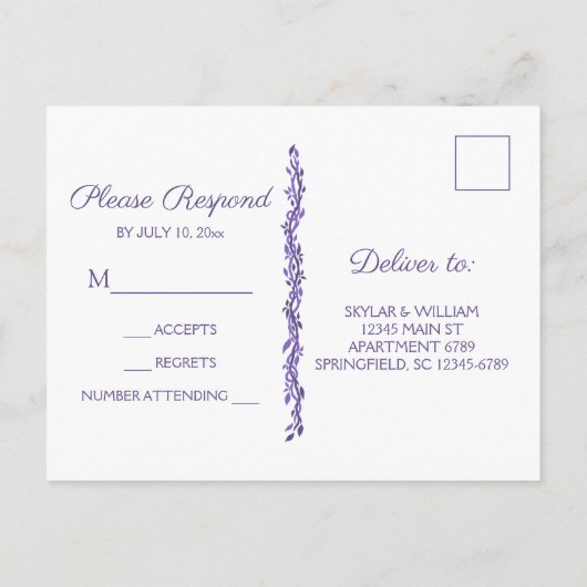 Paarse Woodsy Wedding Ultra Violet RSVP Hart Uitnodiging Briefkaart (Achterkant)