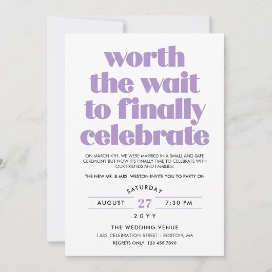 Paarse Worth the Wait Sequel Wedding Celebration Kaart (Voorkant)