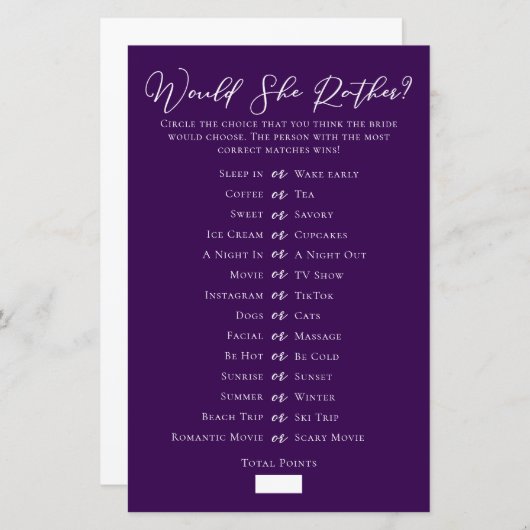 Paarse 'Would She Rather' Bruiloftsspel (Voorkant / Achterkant)