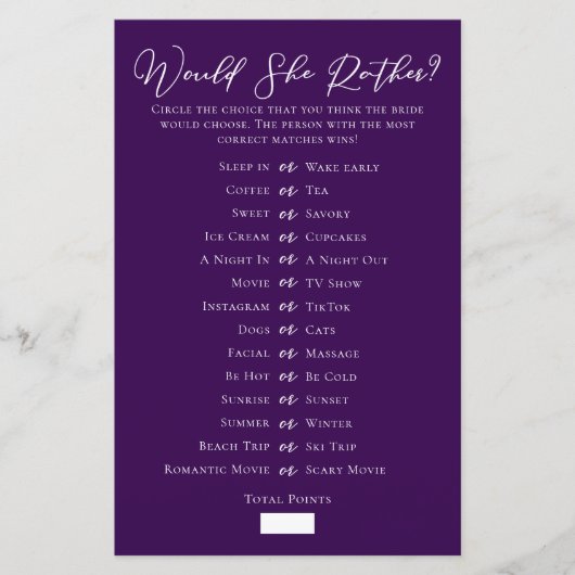 Paarse 'Would She Rather' Bruiloftsspel (Voorkant)