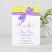 Paarse Yellow Bow Polka Dot Baby shower Kaart (Staand voorkant)