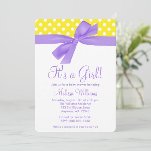 Paarse Yellow Bow Polka Dot Baby shower Kaart (Staand voorkant)
