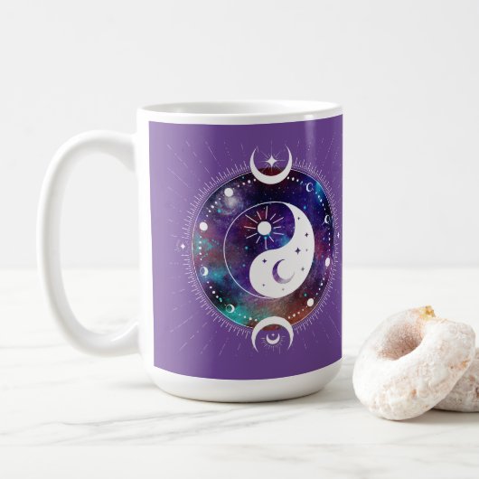 Paarse Yin Yang Galaxy en Halve Maan Mystiek Koffiemok (Met donut)