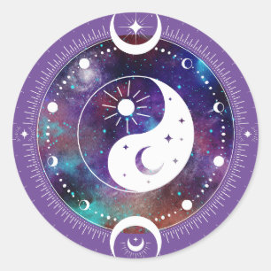 Paarse Yin Yang Galaxy en Halve Maan Mystiek Ronde Sticker