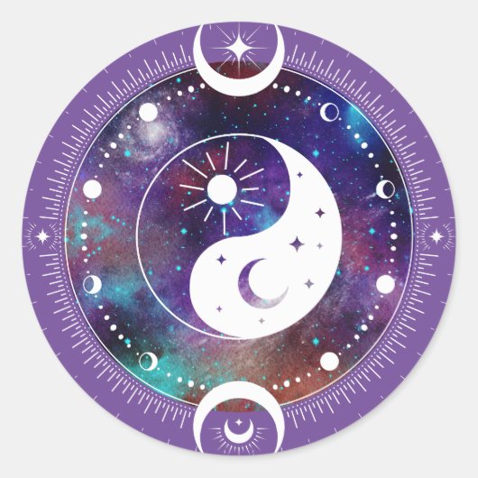 Paarse Yin Yang Galaxy en Halve Maan Mystiek Ronde Sticker (Voorkant)