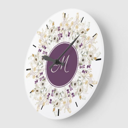 Paarse Zachte Wilde Bloem WreatMonogram Wall Clock Grote Klok (Hoek)