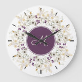 Paarse Zachte Wilde Bloem WreatMonogram Wall Clock Grote Klok (Voorkant)