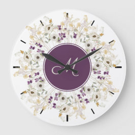 Paarse Zachte Wilde Bloem WreatMonogram Wall Clock Grote Klok