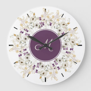 Paarse Zachte Wilde Bloem WreatMonogram Wall Clock Grote Klok
