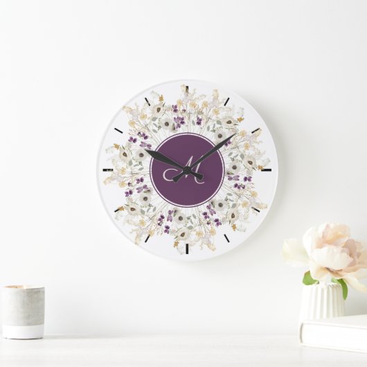 Paarse Zachte Wilde Bloem WreatMonogram Wall Clock Grote Klok (Huis)