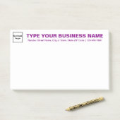 Paarse Zakelijke Merk Teksten op Kop van Groot Post-it® Notes (Op bureau)