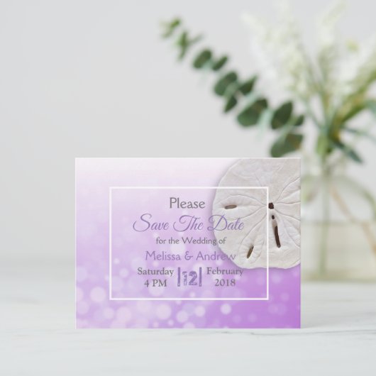 Paarse zand dollar met een gemarteld huwelijk spar aankondigingskaart (Staand voorkant)