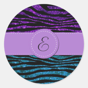 Paarse Zebra, Blauwe Zebra, Glitter Zebra, Monogra Ronde Sticker