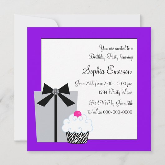 Paarse Zebra Cake Cupcake verjaardagsfeestje uitno Kaart (Achterkant)