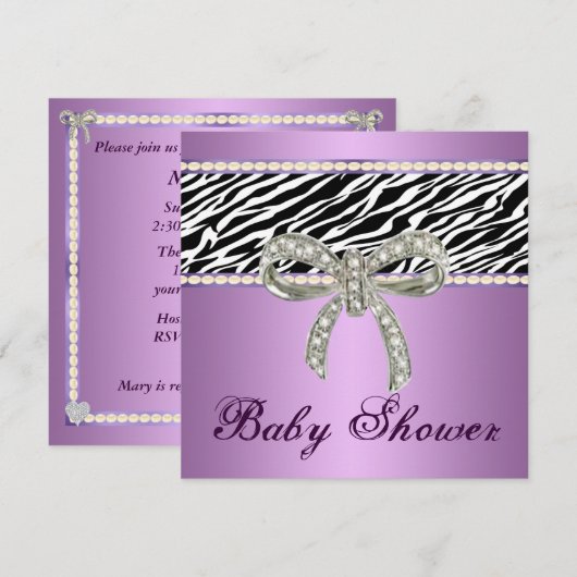 Paarse Zebra Diamond Bow Baby shower Kaart (Voorkant / Achterkant)