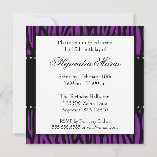 Paarse Zebra Diamonds Quinceanera Kaart (Achterkant)