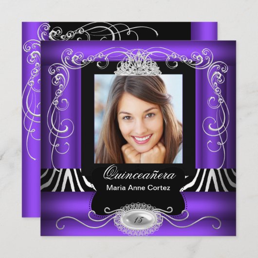 Paarse Zebra Foto Quinceanera 15e verjaardag Kaart (Voorkant / Achterkant)