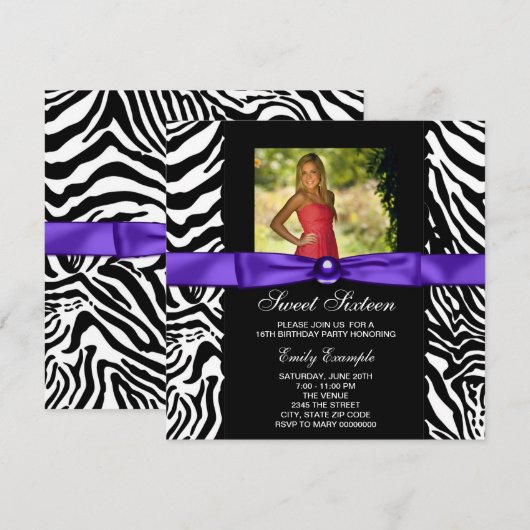 Paarse Zebra Foto Sweet 16 Party Kaart (Voorkant / Achterkant)