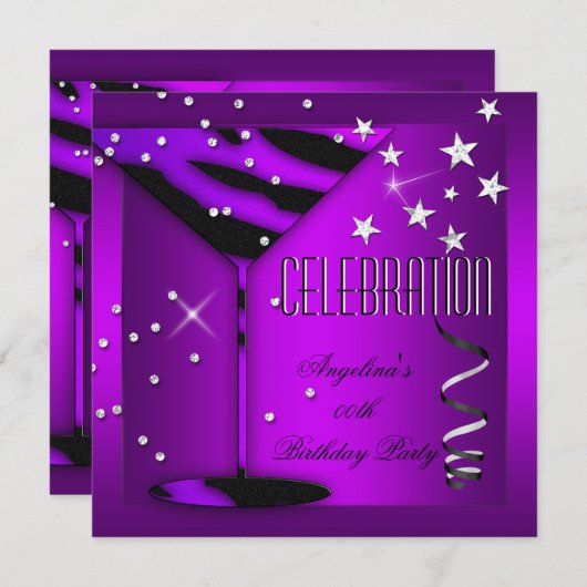Paarse Zebra Glass Celebration Birthday Party Kaart (Voorkant / Achterkant)