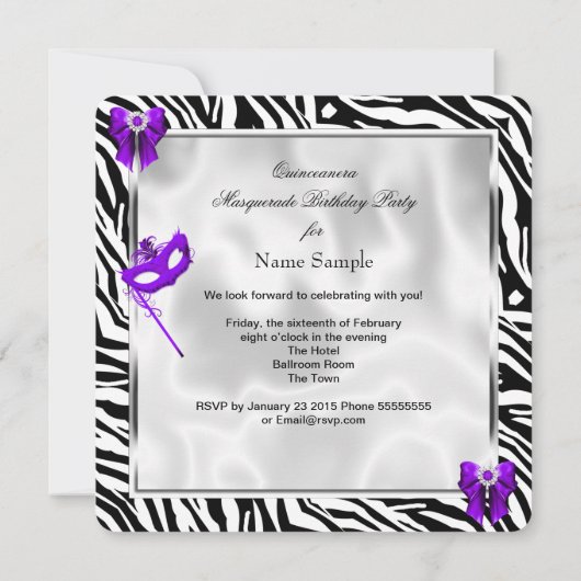 Paarse Zebra Masquerade Quinceanera 15e partij Kaart (Achterkant)