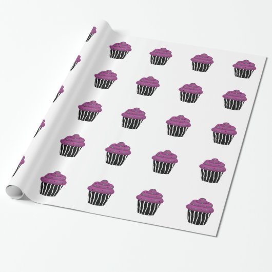 Paarse Zebra Patroon Cupcake Cadeaupapier (Uitgerold)
