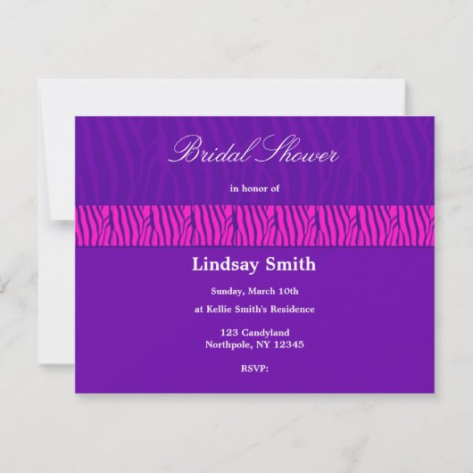 Paarse Zebra Pattern Bridal Shower Invitation Kaart (Voorkant)