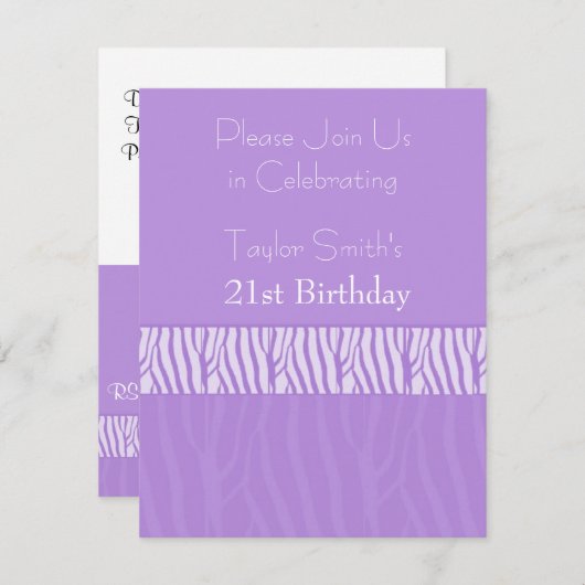 Paarse Zebra Print 21e verjaardag Uitnodiging (Voorkant / Achterkant)