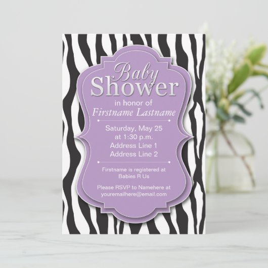 Paarse Zebra Print Baby Shower Invitaties Kaart (Staand voorkant)