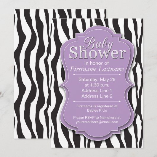 Paarse Zebra Print Baby Shower Invitaties Kaart (Voorkant / Achterkant)