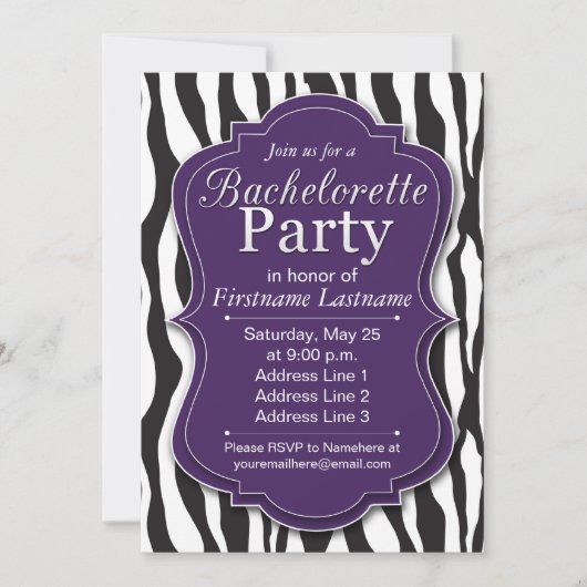Paarse Zebra Print Bachelorette Party uitnodiginge Kaart (Voorkant)