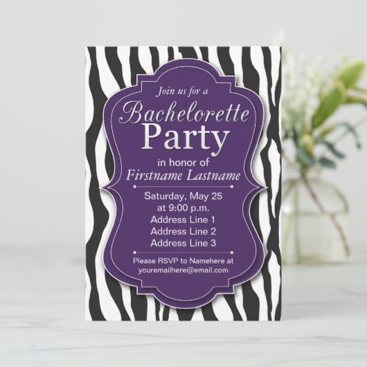 Paarse Zebra Print Bachelorette Party uitnodiginge Kaart (Staand voorkant)