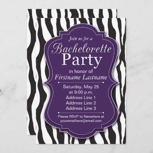Paarse Zebra Print Bachelorette Party uitnodiginge Kaart (Voorkant / Achterkant)