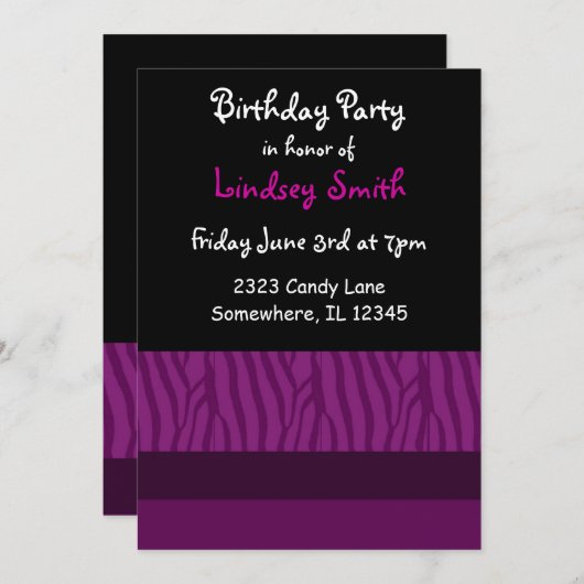 Paarse Zebra Print Birthday Uitnodiging (Voorkant / Achterkant)