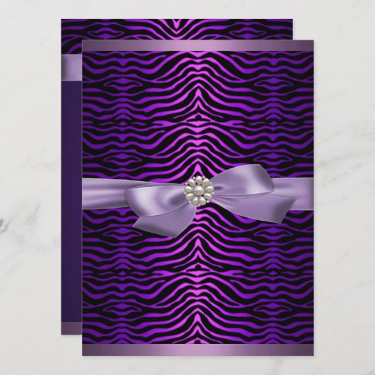 Paarse Zebra Print & Bow Sweet16 Verjaardag Uitnod Kaart (Voorkant / Achterkant)