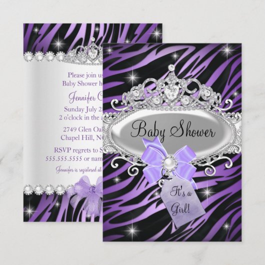 Paarse Zebra Print en prinses Tiara Baby shower Kaart (Voorkant / Achterkant)