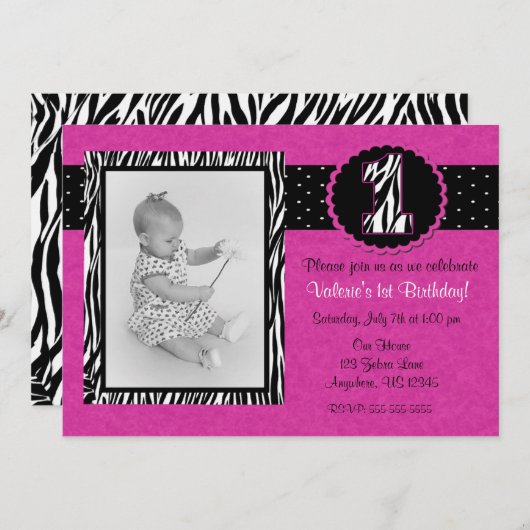 Paarse Zebra Print Girls 1e verjaardag uitnodiging (Voorkant / Achterkant)