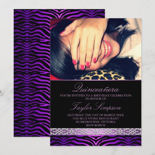 Paarse Zebra Print Quinceañera Verjaardag uitnodig Kaart (Voorkant / Achterkant)