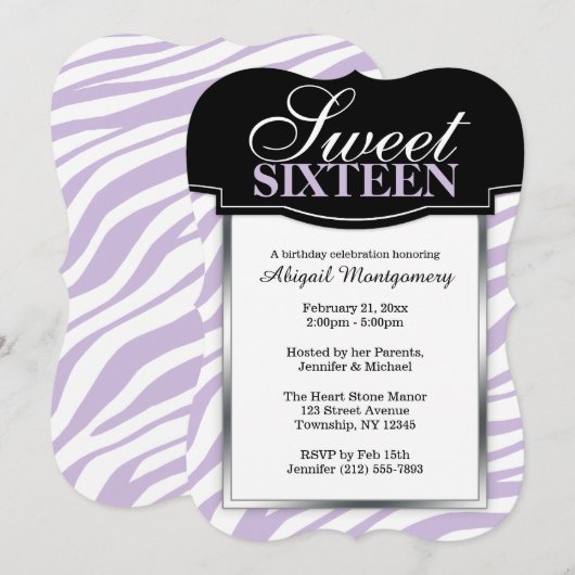 Paarse Zebra Print Sweet 16 Birthday Invitations Kaart (Voorkant / Achterkant)