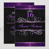 Paarse Zebra Print & Swirl Sweet16 Verjaardag Uitn Kaart (Voorkant / Achterkant)