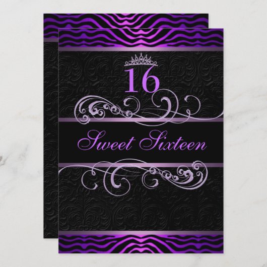 Paarse Zebra Print & Swirl Sweet16 Verjaardag Uitn Kaart (Voorkant / Achterkant)