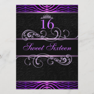 Paarse Zebra Print & Swirl Sweet16 Verjaardag Uitn Kaart