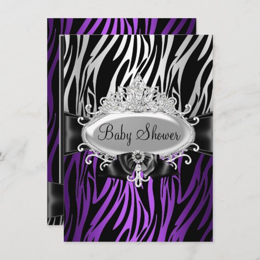 Paarse Zebra Print & Tiara Baby shower uitnodigen Kaart (Voorkant / Achterkant)