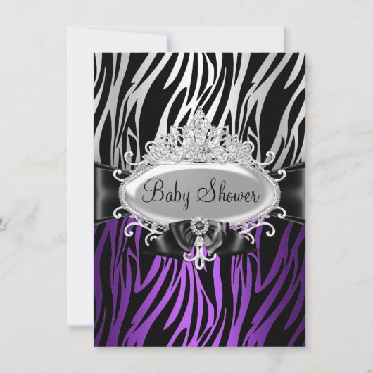 Paarse Zebra Print & Tiara Baby shower uitnodigen Kaart (Voorkant)