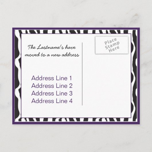 Paarse zebra print wijziging van adres Briefkaarte Aankondigingskaart (Achterkant)