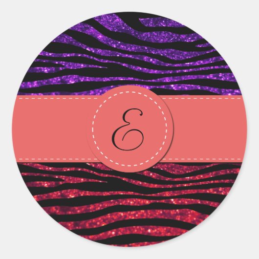 Paarse Zebra, rode Zebra, glitter-Zebra, monogram Ronde Sticker (Voorkant)