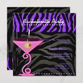 Paarse Zebra/roze martini Bachelorette Party Kaart (Voorkant / Achterkant)