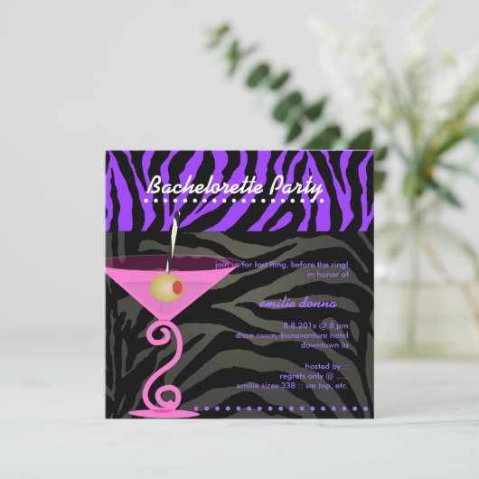 Paarse Zebra/roze martini Bachelorette Party Kaart (Staand voorkant)